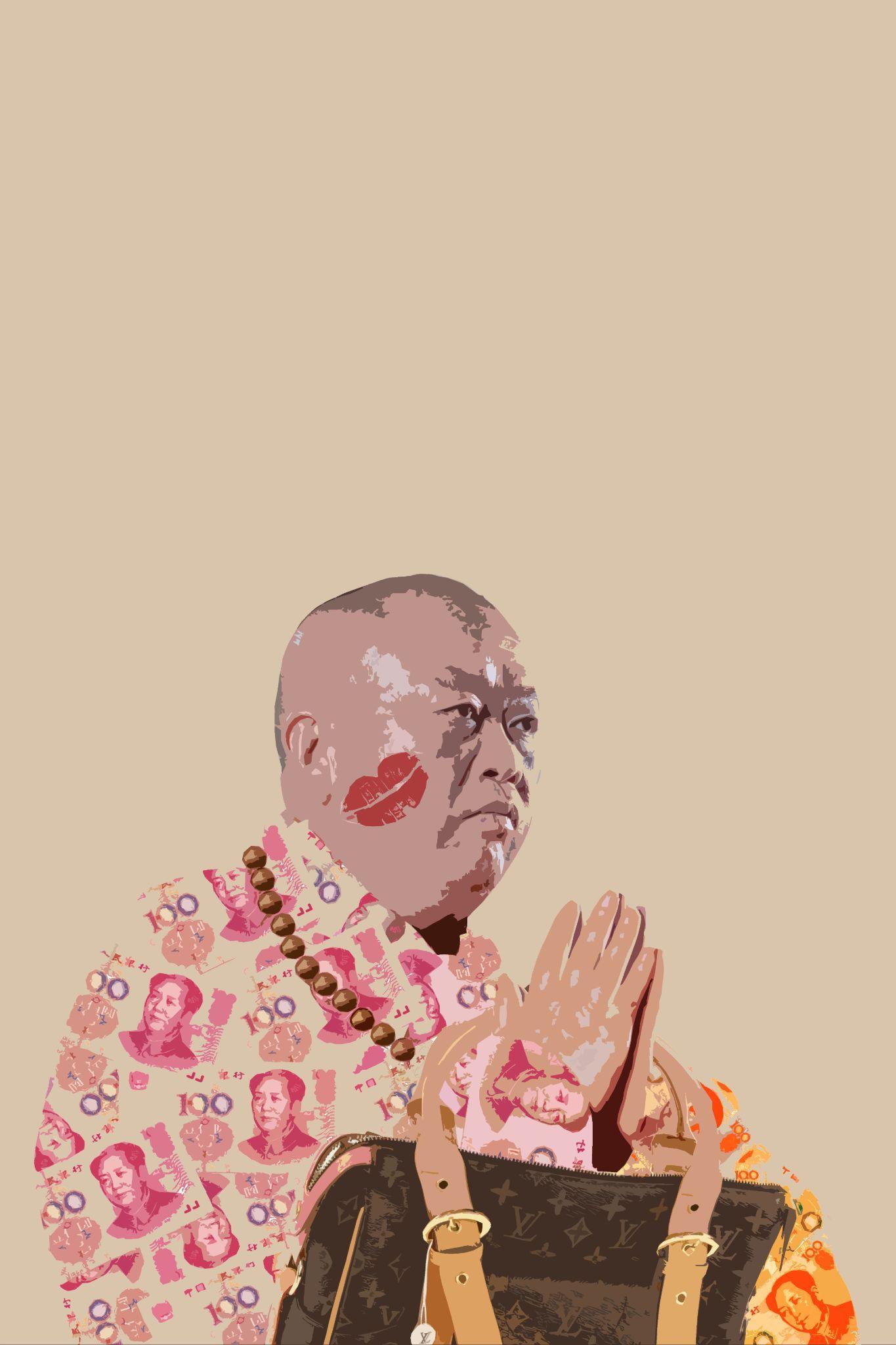 Poster with collaged portrait in a prayer gesture