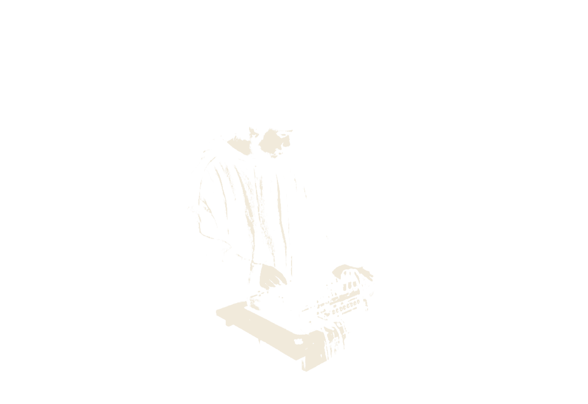 Black and white image of a performer working with sound equipment